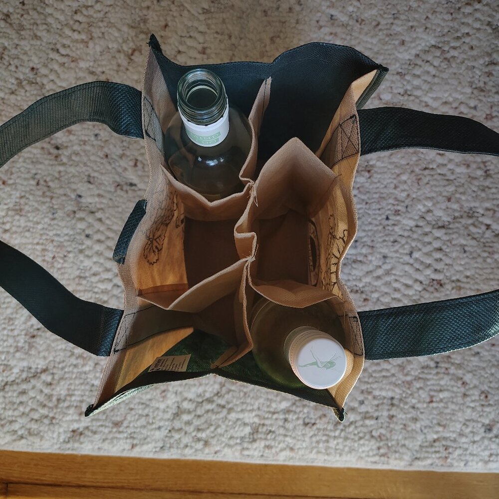 Two Carry Tote Bags for Wine Bottles Green Tan 6 Sections